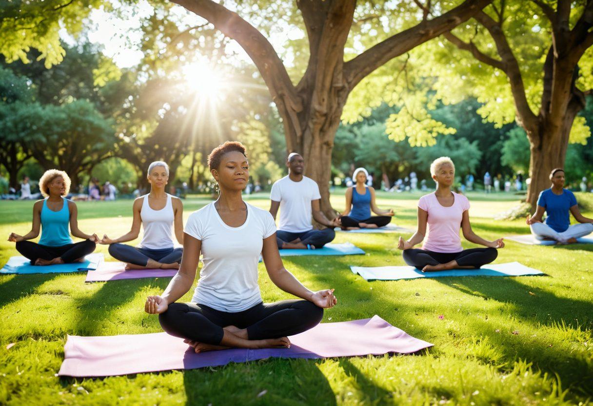 A serene scene depicting a diverse group of cancer survivors engaging in supportive activities, such as yoga and group therapy, in a lush park. Emphasize expressions of hope and resilience, with soft sunlight filtering through the trees, symbolizing wellness and advocacy. Include comforting elements like healing stones and inspirational quotes on banners around them. vibrant colors. 3D. natural setting.