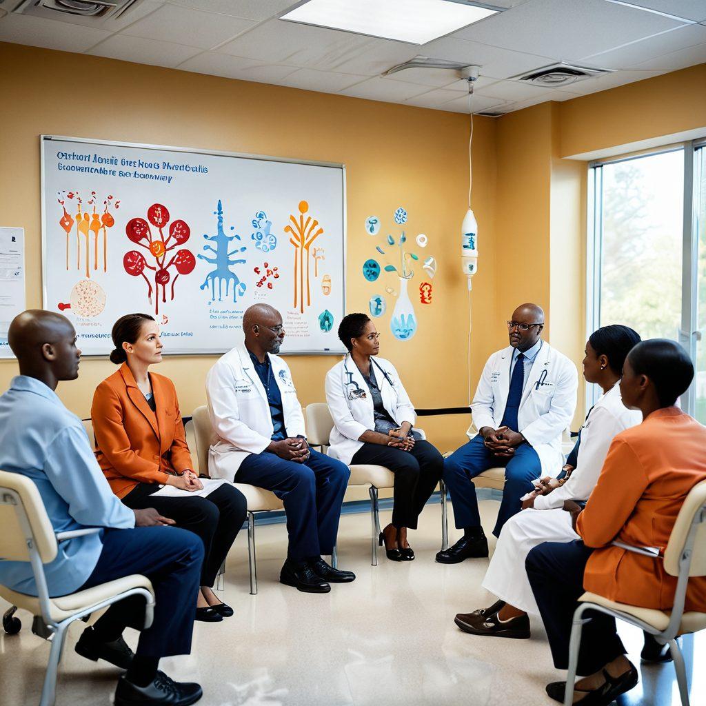 A compassionate healthcare professional discussing treatment options with a diverse group of patients, surrounded by symbolic representations of chemotherapy and immunotherapy, such as IV drips and immune cells, in a serene and well-lit hospital room. Use uplifting elements like hopeful expressions and supportive visuals to convey empowerment and choice. super-realistic. warm colors. soft background.
